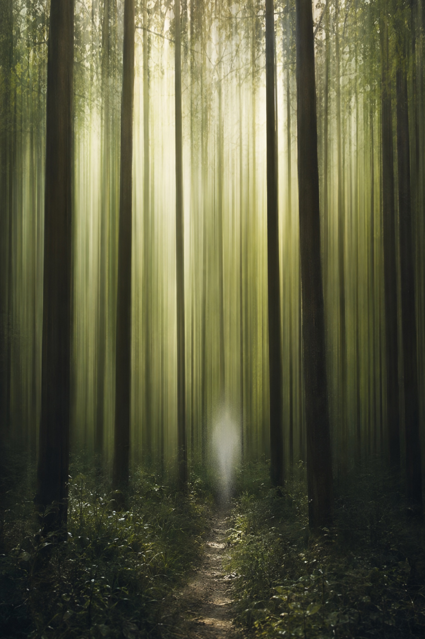 A blurred forest path with a pale figure standing among the trees in the light