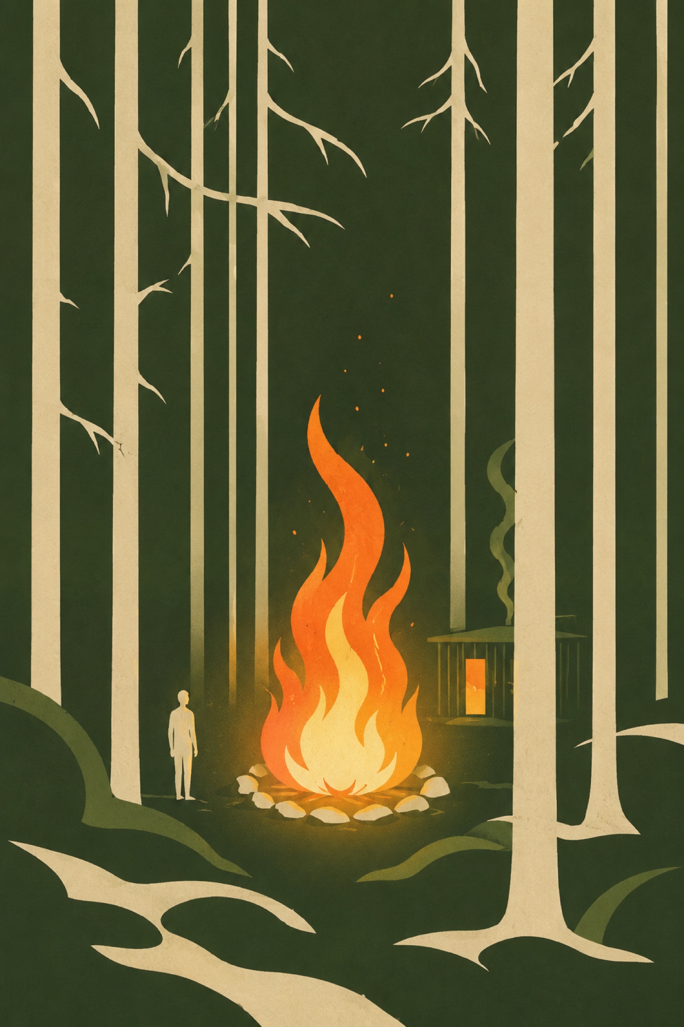 A lone figure standing by a bonfire in a dark forest, a lit cabin window glowing beyond